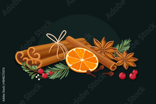 Festive spices composition with cinnamon sticks, dried orange slice, star anise, cloves, evergreen sprigs and red berries isolated on dark green background, cozy Christmas and winter culinary