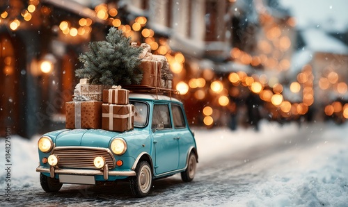 Fototapeta Naklejka Na Ścianę i Meble -  Small vintage car traveling on a snowy street, delivering presents and a christmas tree, with festive lights blurring in the background