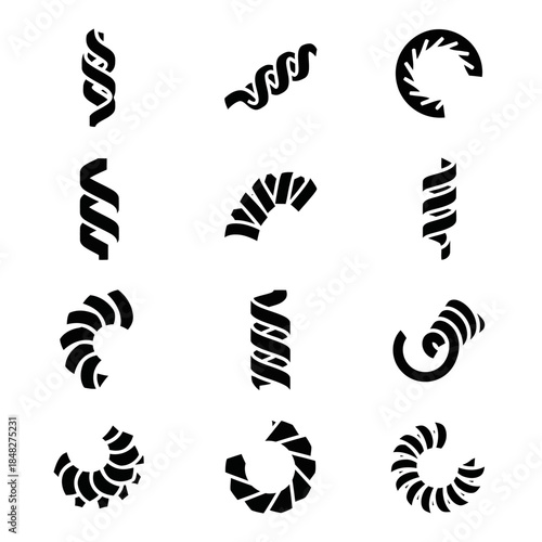 Lathe Machine Metal Chip Spiral Icon Set Illustrating Manufacturing and CNC Turning Waste