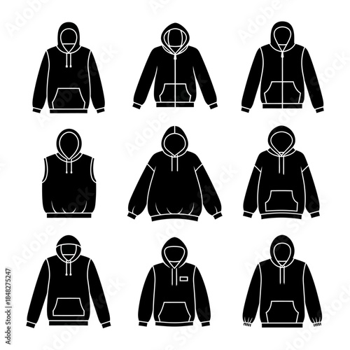 Hoodie Jacket Icon Set Showing Casual Clothing Silhouettes