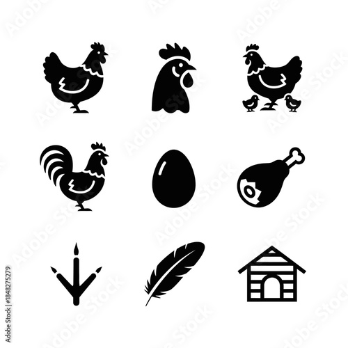 Chicken Farming Icon Set Including Hen, Rooster, and Egg Symbols