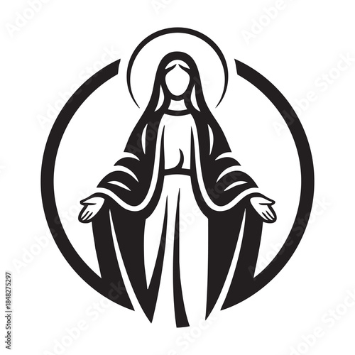 virgin mary illustration in modern sacred art style with halo