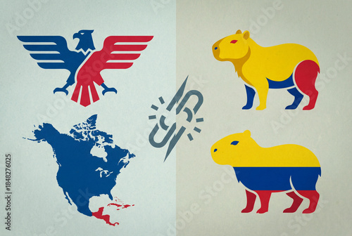 United States and Colombia shown with flag colors and broken chain link icon, concept of diplomatic relations, trade connection disruption and geopolitical tension