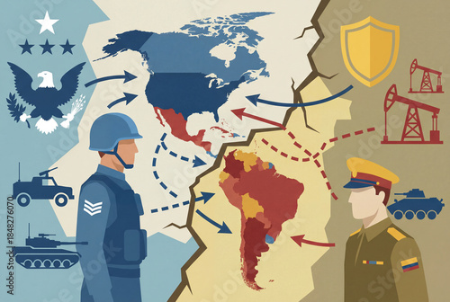 United States and Venezuela military standoff over the Americas map with cracked border and directional arrows, energy security and geopolitical tension concept illustration