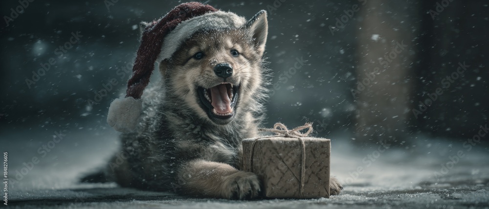 Fototapeta premium Furry festivities: baby wolf spreading christmas cheer with a gift. Adventure poster. Festive forest: joyful wolf baby in santa hat and holiday lights. Epic poster. Poster graphics.