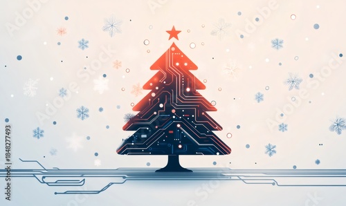 Circuit board tree with red glowing lines, symbolizing a technological holiday season. Snowflakes and digital elements falling around