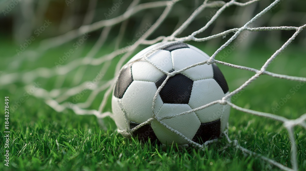 Obraz premium Close-up of a soccer ball resting in the net, viewed from an angle. Fresh green grass visible in the foreground with the goal net