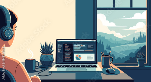 Person coding on laptop with headphones overlooking landscape view