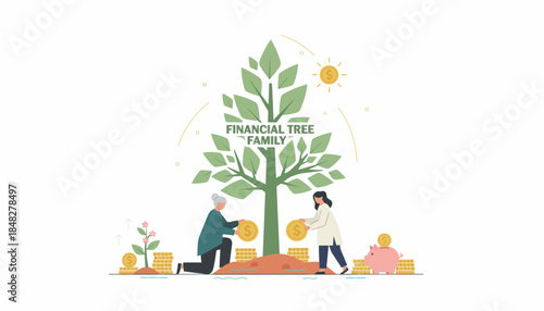 Family members planting money coins by financial tree for wealth growth