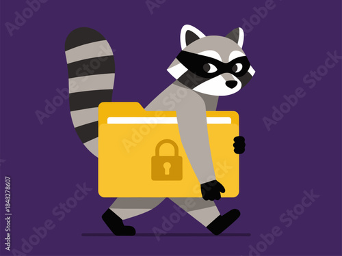 Raccoon thief stealing locked data folder icon