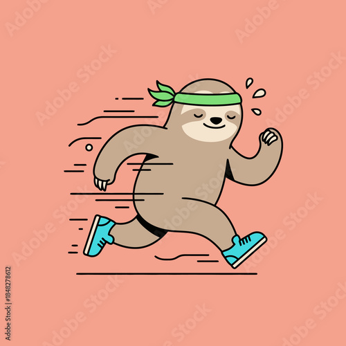 Running sloth cartoon in athletic shoes and bandana jogging swiftly