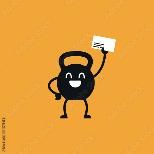 Smiling Kettlebell Mascot Character Holding a Gym Membership Card