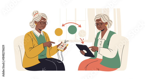 Black senior women sharing health data between physical device and tablet