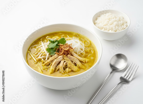 Indonesian Chicken Soto Soup Served in White Bowl Isolated on White Background
