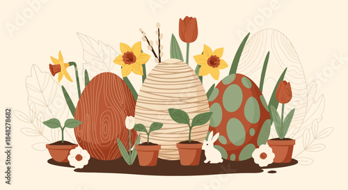 Modern Easter Eggs and Spring Flowers Arrangement with Rabbit Illustration