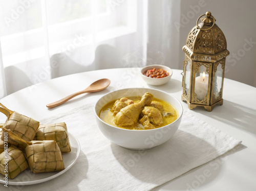 Ketupat and Opor Ayam on Eid Festive Table with islamic lantern