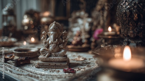 Elegant ganesha idol amidst calming candlelight serenity and spiritual ambiance