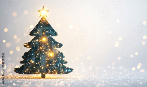 Circuit board in a christmas tree shape representing digital holiday greetings, technology, and future celebrations