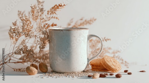 Warm beverage and natural elements creating a cozy atmosphere in studio shot