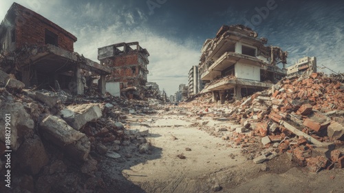 Devastation aftermath: Buildings ruined by a massive earthquake disaster scenario