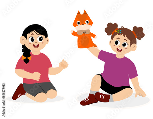 Vector illustration of a children's puppet theater performance. Puppet show. Children's marionette toys made from sock zoo puppets. Children's puppet theater, animal puppet show on stage