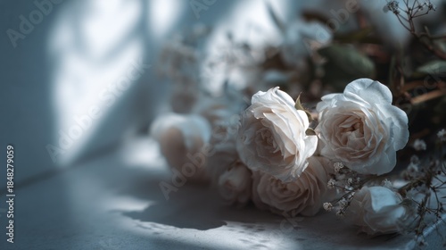 Ethereal arrangement of delicate pale roses casting soft shadows on surface