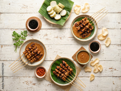 Indonesian Chicken Satay Flat Lay with Rice Cake and Peanut Sauce on White Background