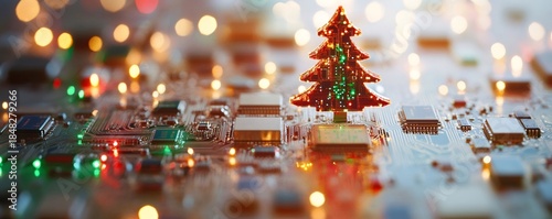 Christmas tree standing on a glowing microchip circuit board, symbolizing technology's role in future holiday celebrations and innovation