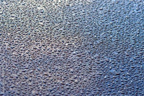 Rugiada, piccole goccioline d'acqua sul cofano dell'auto