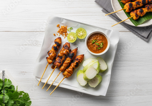Indonesian Chicken Satay Flat Lay with Rice Cake and Peanut Sauce on White Background