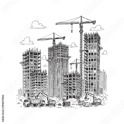 Hand drawn sketch of a city construction site with tower cranes, unfinished buildings, and heavy machinery. Vector illustration of urban development with excavators and trucks in black and white doodl