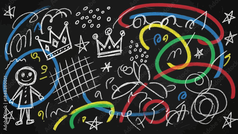 Obraz premium Creative children's drawing on blackboard with chalk, doodles and colorful lines
