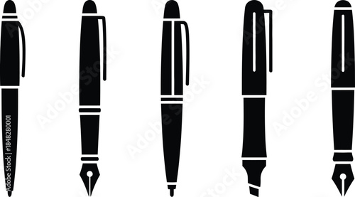A collection of five black fountain pens in a vertical arrangement