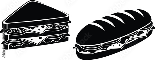A simple black and white illustration featuring a sandwich and a loaf of bread