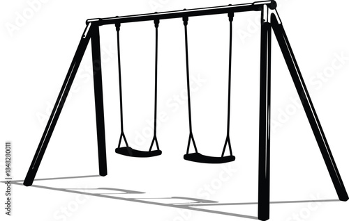 A simple black metal swing set with three swings casting a shadow