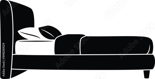 Simple black and white illustration of a made bed with pillows
