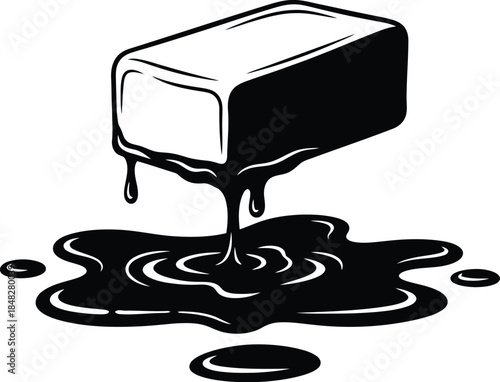 Melting block of black substance with dripping liquid simple graphic illustration