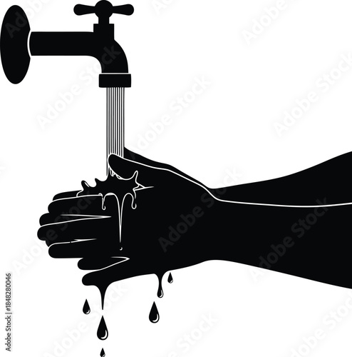 A hand reaching up to a faucet with water dripping down