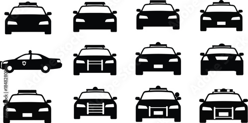 Silhouettes of police cars and taxis in a grid arrangement