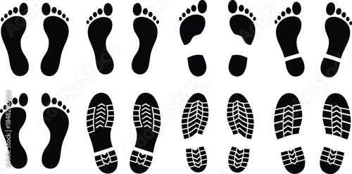 A collection of diverse footprints bare sandals and various shoe soles