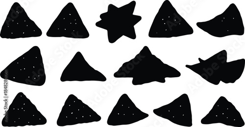 Black geometric shapes arranged in rows including triangles and stars