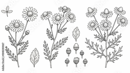 Detailed botanical illustration of chamomile flowers and buds, creating a vintage feel