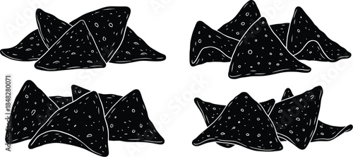 A simple black and white illustration of several tortilla chips