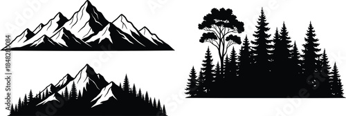 Black and white illustration of mountains trees and a forest landscape
