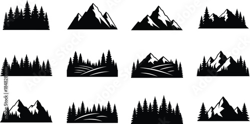 A collection of black silhouette mountain and forest landscape designs