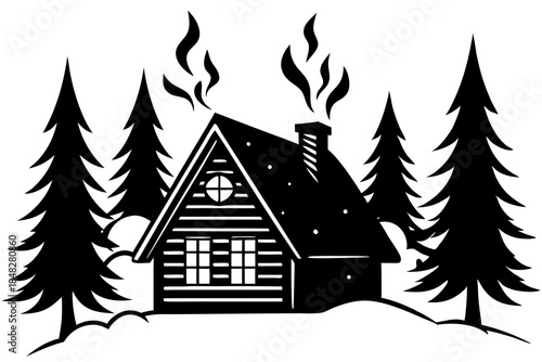 A cozy cabin in a snowy forest with smoke rising from chimney surrounded by pine trees house log cabin