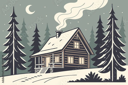 Cozy winter cabin in snowy forest with smoke rising from chimney trees