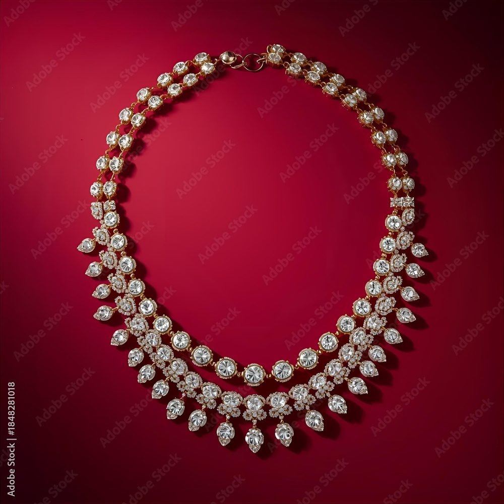 Obraz premium Exquisite Double-Row Diamond Fringe Necklace in Gold Setting on Red Background