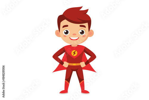 Cute boy in red superhero costume with yellow emblem red costume lightning bolt