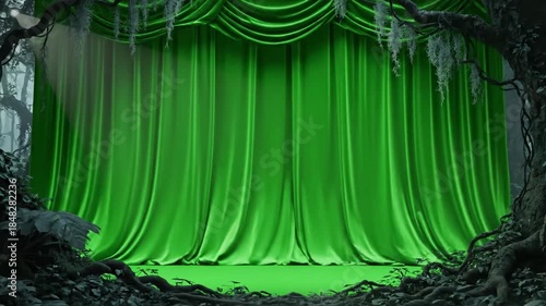 Glittering Stage Reveal in Night Sky with spotlight reveals a stage curtain effect ad_ready green screen spotlight curtain reveal